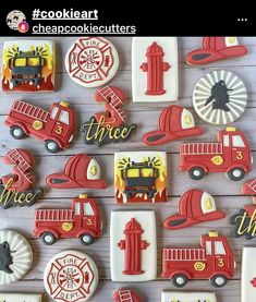 decorated cookies with fire trucks and firetrucks are on a white wooden surface