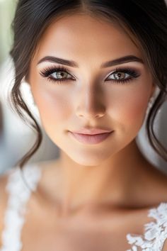 a woman with long dark hair wearing a white dress and diamond earrings, posing for the camera