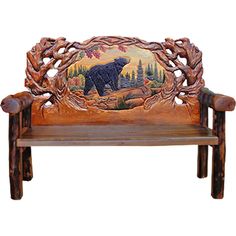 a wooden bench with an image of a bear on it