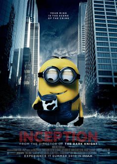 a movie poster with a minion in the middle of water and skyscrapers behind it