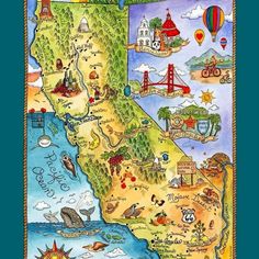 an illustrated map of the state of california with all its major cities and towns in it