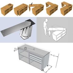 the plans for an entertainment center are shown in three different positions, including drawers and shelves