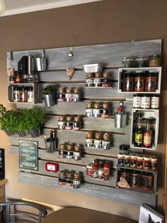 a wall mounted spice rack filled with spices