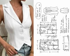 a woman in white shirt and jean shorts sitting on chair next to sewing pattern for jacket