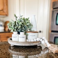 two salt and pepper shakers sitting on top of a kitchen counter next to a potted plant