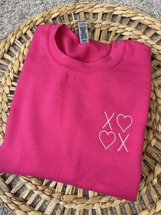 - Sweatshirts are a unisex fit* listing photo #1: - Heliconia crew with #12 thread Custom, made to order embroidered sweatshirt. Please message me if you would like to see other font oprtions.  Please message with any questions you may have.  Visit my Instagram Stitchnarrow for more info and for local pickup Hand Embroidered Valentines Shirt, Embroidery Valentine Ideas, Diy Sweatshirt Ideas, Valentines Day Clothes, Valentines Embroidery Designs, Valentines Sweatshirt, Embroidered Items, Valentines Day Sweatshirt