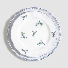 a white plate with blue and green flowers on the rim, against a gray background