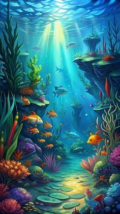 an underwater scene with fish, corals and other marine life on the bottom floor