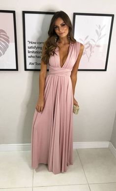 Pink V-neck Bridesmaid Dress, Pink Fitted V-neck Wedding Dress, Fitted Pink V-neck Dress For Wedding, Pink Fitted V-neck Dress For Wedding, Pink Fitted V-neck Prom Dress, Pink V-neck Dress With Surplice Neckline For Formal Occasions, Pink V-neck Maxi Dress For Prom Season, V-neck Maxi Dress For Prom Season, Elegant Pink V-neck Bridesmaid Dress