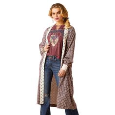 For everywhere and every wear, this lightweight layer brings a little color wherever it goes. We like ballooning the sleeves with the ribbed cuffs, and pairing it with our favorite t-shirt, denim, and booties. Mesquite Kimono Duster | Product Features : 0 : Allover print|Ribbed cuffs | Women's Mesquite Kimono Duster in Foulard 65% Rayon, 35% Viscose. Rayon blend. Imported, Size: S/M by Ariat Cute Blazers, Kimono Duster, Viscose Rayon, Oversized Cardigan, Sweater Fashion, Jacket Style, Western Fashion, All Over Print, Vest Jacket