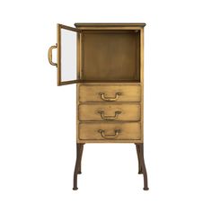 an antique wooden cabinet with two drawers and a mirror on the top, against a white background