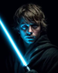 a man with blue eyes holding a light saber