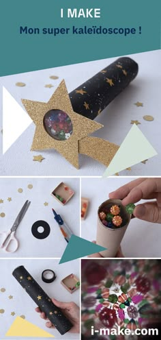 the instructions for how to make a star shaped paper kaleidoscope with gold glitter