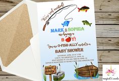 a baby shower is shown with an image of fish, fishing and boat on it