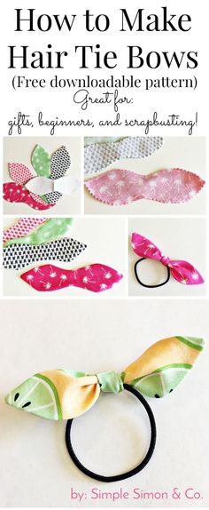 the instructions for how to make hair tie bows with fabric and ribbon, including an origami bow