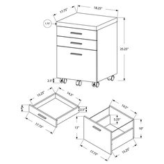 the drawing shows an open drawer and two drawers with wheels on each side, along with measurements