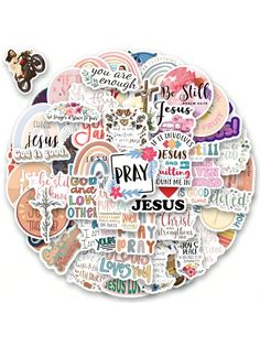 the word pray is surrounded by many different types of stickers and words that spell out jesus