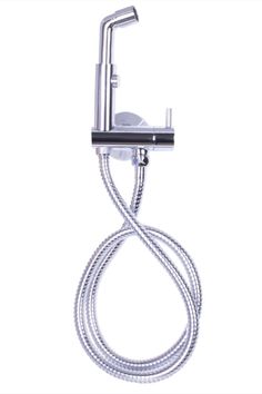 A shiny, chrome bathroom bidet sprayer with a long, coiled hose is mounted on a white wall. The sleek design conveys a modern and clean aesthetic.