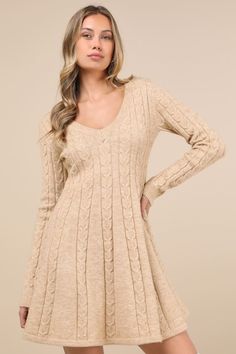 From the pumpkin patch to the holiday party, you can't go wrong with a cute look like the Lulus Sweetly Seasonal Beige Cable Knit Sweater Mini Dress! Stretchy medium-gauge cable knit shapes this adorable dress that has long fitted sleeves and a V-neckline. Fitted bodice continues down to a flaring, A-line skirt with a mini hem. Fit: This garment fits true to size. Length: Mid-thigh. Size medium measures 33.50" from shoulder to hem. Bust: Great for any cup size. Waist: Fitted - stretchy fabric al Beige Cable Knit Sweater, Cable Knit Dress, Temple Dress, Sweater Mini Dress, Fitted Sleeves, Mini Sweater Dress, Knit Mini Dress, Cable Knit Sweater, Large Size Dresses