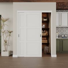 an open pantry in the middle of a kitchen with green cabinets and white doors,