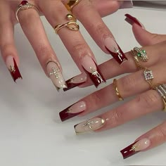 Red French Tip With Gold, French Tip With Gold, Red And Gold Nails, Milky Nails, Red French