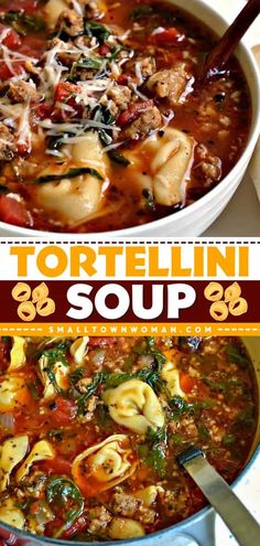 tortellini soup in a white bowl on a table with the words tortellini soup above it