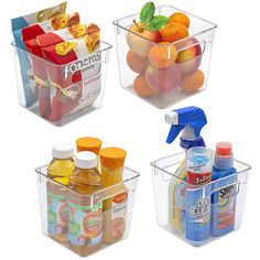 three plastic containers filled with different types of juices and condiments on white background