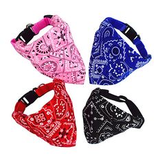 four different colored bandannas with black, red, and blue designs on them