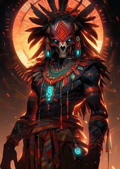 a character from the video game overwatch standing in front of a full moon with glowing eyes and headdress