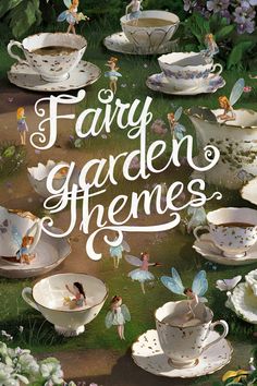 Fairies interacting with teacups in a lush garden setting with text "Fairy garden themes." Fall Fairy Garden Ideas, Best Plants For Fairy Garden, House Plant Fairy Garden, Fairy Garden Signs And Sayings, Fairy Garden In Plant Pot, Fairy Garden Books, Indoor Fairy Gardens, Autumn Fairy