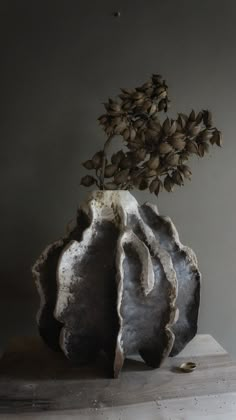 a vase with a plant in it sitting on top of a wooden table next to a wall