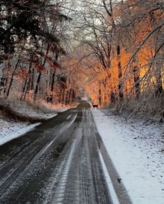 the road is covered in snow and trees