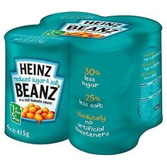 two bottles of heinz beanz are shown in this image, one is blue and the other has oranges on it