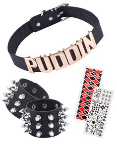 PRICES MAY VARY. Harley Choker Set:You can receive a quinn choker and a pair of spike bracelets and 2 sheet quninn tattoo stickers.The choker lenther 17.1 inches and the studded bracelet lenther 8.8 inches.tattoo stickers L*W 3.3*9 inches.It is comfortable,soft,and adjustable in length. It is suitable for most people to wear,and it is recommended for people aged ten and above. Punk Design:HQ temporary tattoo stickers,letter puddin necklace,rivets bracelets,metallic luster,cool gothic jewelry,mat Puddin Necklace, Harley Quinn Accessories, Puddin Choker, Harley Quinn Merchandise, Harley Cosplay, Goth Prom, Jewelry Matching, Studded Bracelet, Necklace Tattoo