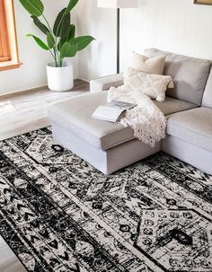 a large black and white area rug in a living room with a couch, coffee table and potted plant