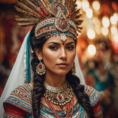 a woman wearing an elaborate headpiece and jewelry