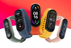 four different colored smart watches are shown in front of an orange, pink, and blue background