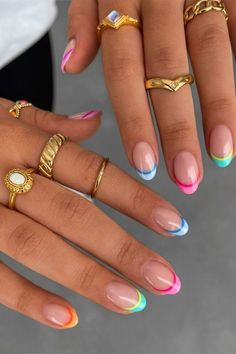 colorful french april nails Nails And Rings, Pastel Nail Art, Teen Nails, April Nails, Nails Yellow, Cute Simple Nails