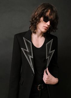 Work Suit Design, Blazer Man, Kurta Wedding, Prom Fits, Black Bell Bottom, Lightning Bolt Design, Sequin Vest, Satin Suit, Black Bolt