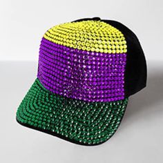 "Details Partial Rhinestone Cap Adjustable Color: Multi Crown Circumference: 23\" (Adjustable) Crown Height: 4.25\" Brim Height: 2.75\"" Gift Tea, Graphic Apparel, Halloween Wedding, Hat Patches, Shop Sweatshirts, Cocktail Napkins, Gift Items, Baseball Hat, Purple Gold