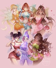 four girls dressed in fairy costumes and holding wands