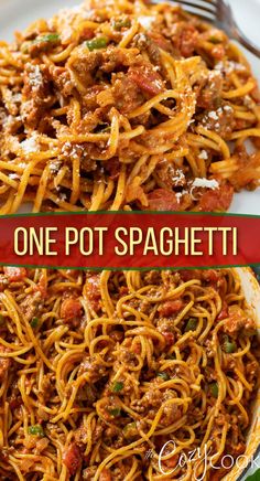 one pot spaghetti in a skillet with the title above it