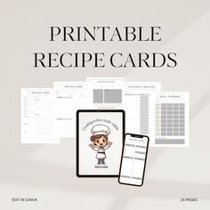 the printable recipe cards are on display in front of a tablet and cell phone