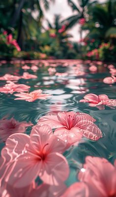 pink flowers floating on top of water next to palm trees and greenery in the background