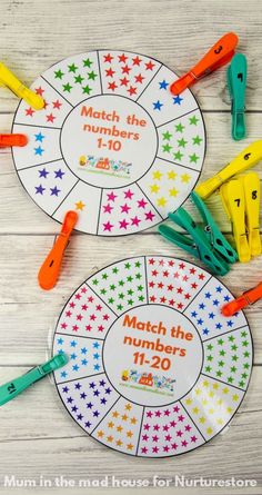 two matching game pieces with numbers on them and the words match the numbers to 20