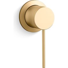 an image of a gold shower faucet with two round knobs on it