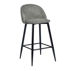 the grey velvet bar stool with black legs is upholstered and ready to be used