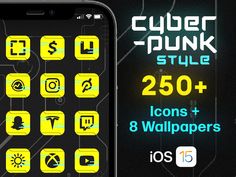 "Introducing... CYBERPUNK STYLE THEMED ICONS FOR YOUR IPHONE! Includes 8 CUSTOM WALLPAPERS! With the new release of iOS 16, you can now customise your icons using Shortcuts. How to set up icons - TUTORIAL: 1. Open the \"Shortcuts\" app 2. Tap on \"Add New Shortcut\" 3. Tap on \"Add Action\" 4. Tap on \"Add Scripting\" 5. Select \"Open App\" 6. Choose your app 7. Tap on \"Three Dots\" icon on top-right 8. Select \"Add to Home Screen\" 9. Name your shortcut and tap on the icon 10. Select \"Choose Ios 16 App Icons, Aesthetic Ios 16, Style Cyberpunk, Themed Icons, Dot Icon, Futuristic Aesthetic, Aesthetic Ios, Three Dots, Ios 16