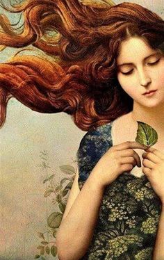 a painting of a woman with long hair holding a leaf in front of her face