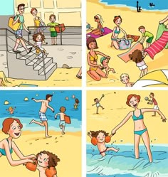 four different scenes of people playing in the water at the beach and on the beach